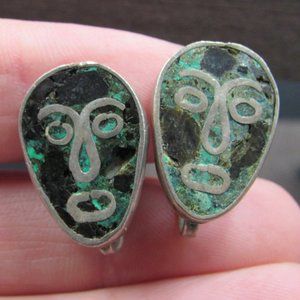 Sterling Silver Odd Inlay Face Screw On Earrings